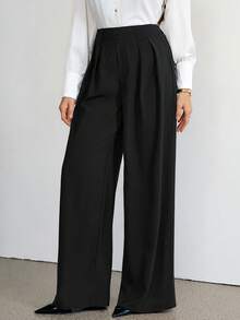 SHEIN Tall 女款休閒百搭純色高腰寬腿褲，適合高個女性 - 黑色 - 查看 10