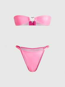 ROMWE Dark Gothic Pink PU Bandeau Heart Metal Buckle Thong Sexy Lingerie Set - Pink - View 1