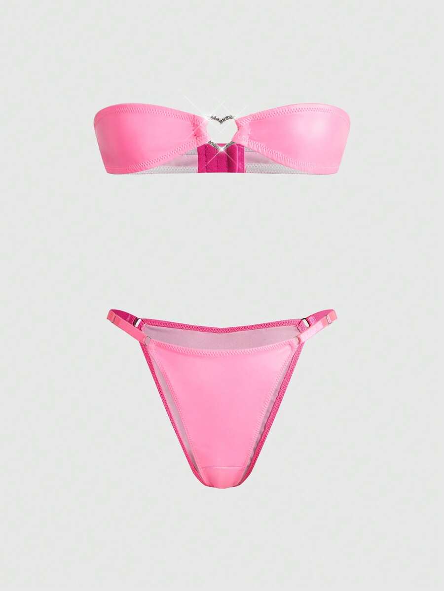 ROMWE Dark Gothic Pink PU Bandeau Heart Metal Buckle Thong Sexy Lingerie Set - Pink - View 1