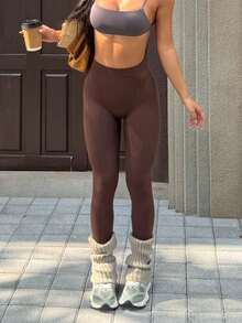 Easithlete 女士夏季时尚纯色高腰弹力运动紧身裤 - 棕色 - 查看 3