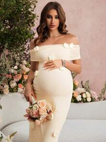 SHEIN 优雅派对纯色3D立体花卉装饰露肩孕妇装 - 黃色 - 查看 6