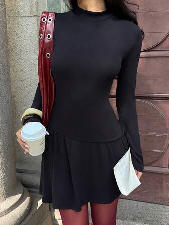 MainGRL Women's Solid Black Long Sleeve Knit Midi Dress, Suitable For Commuting In Autumn, Women's New Year's Eve Dresses ,Christmas Outfit Women