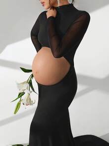 Cheriluna Maternity 孕妇摄影礼服，长袖立领，腰部镂空，露背，鱼尾裙摆，及地长裙 - 黑色 - 查看 4