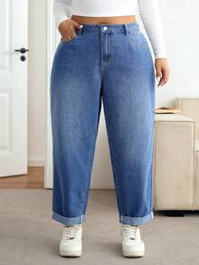 Lounesse 大码女式口袋锥形休闲宽松牛仔裤，大码牛仔裤，曲线锥形牛仔裤，大码卷边牛仔裤，松紧腰牛仔裤，大码休闲牛仔裤，大码妈妈牛仔裤，曲线宽松版型牛仔裤 - 藍色 - 查看 2