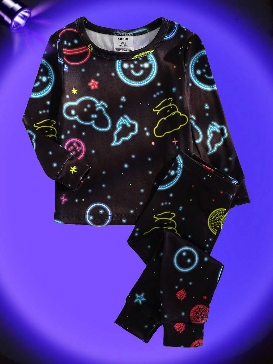 2pcs Infant/Toddler Boys' Apricot Minimalist Basketball Graphic Print Long Sleeve Top And Leggings Pajama Set Toddler Glow In The Dark Pjs Snug Fit - Grey - View 1