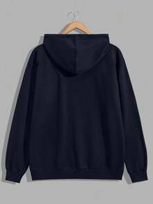 Plus Size 100% Cotton Men's Smile Embroidered Fitted Hoodie - Navy Blue - View 2