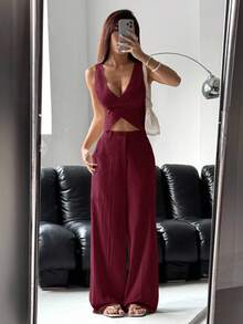 SHEIN EZwear 女士单扣马甲裤套装，纯色，秋冬季 - 酒紅色 - 查看 3