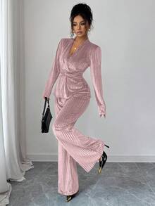 Elenzga 新款优雅V领扭腰长袖上衣和喇叭裤套装 - 淺粉色 - 查看 3