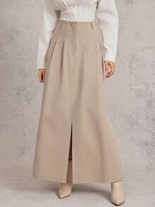 L'Amorae 女士中长款开衩宽裙 商务休闲办公室复古款 - 卡其色 - 查看 2