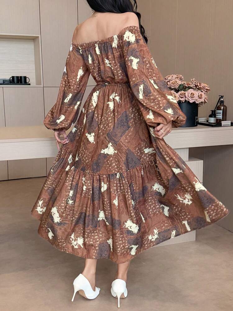 Elegant Floral Off Shoulder Long Dress For Women, Autumn Dress Boho