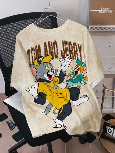 TOM & JERRY X SHEIN 男士休闲字母和卡通图案圆领短袖T恤，夏季