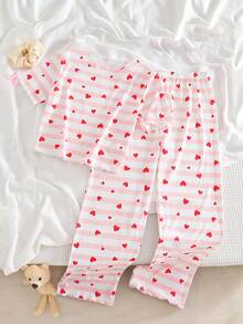 Conjunto de Roupas Domésticas para Adolescentes: Camiseta de Gola Redonda + Calça de Perna Reta, Tecido Macio e Amigável à Pele, Estampa de Coração Espalhada, Estilo Minimalista, Textura Canelada, Visual Elegante, Adequado para Uso Casual - Rosa chiclete - Visão 3