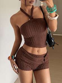 StreetHx 2pcs/Set Women Sexy Open Shoulder Crop Top & Metal Ring Decor Skinny Shorts Brown Two Piece Set Brown Halter Top - Coffee Brown - View 3