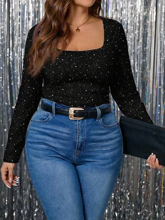 EMERY ROSE Prickig glittermönstrad avslappnad minimalistisk plusstorlek t-shirt med fyrkantig halsringning, lämplig för fest