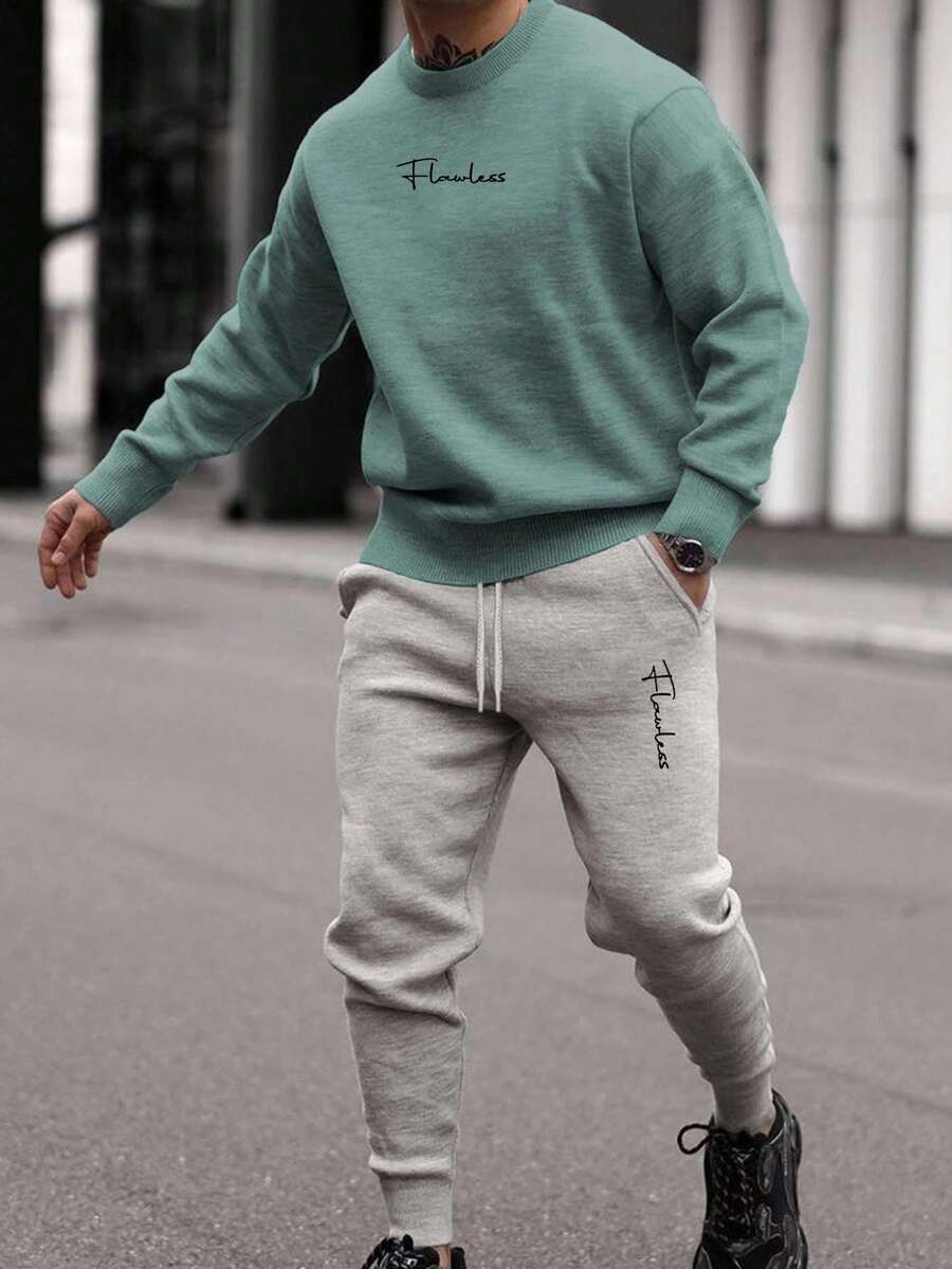 EURMUSE Cotton Men Letter Graphic Sweatshirt & Sweatpants - Multicolor - View 1