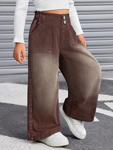 SHEIN Young Girls New Vacation Sunflower Ruffle Elastic Waist Soft Washed Relaxed Casual Fashion Jeans - Brown - View 5