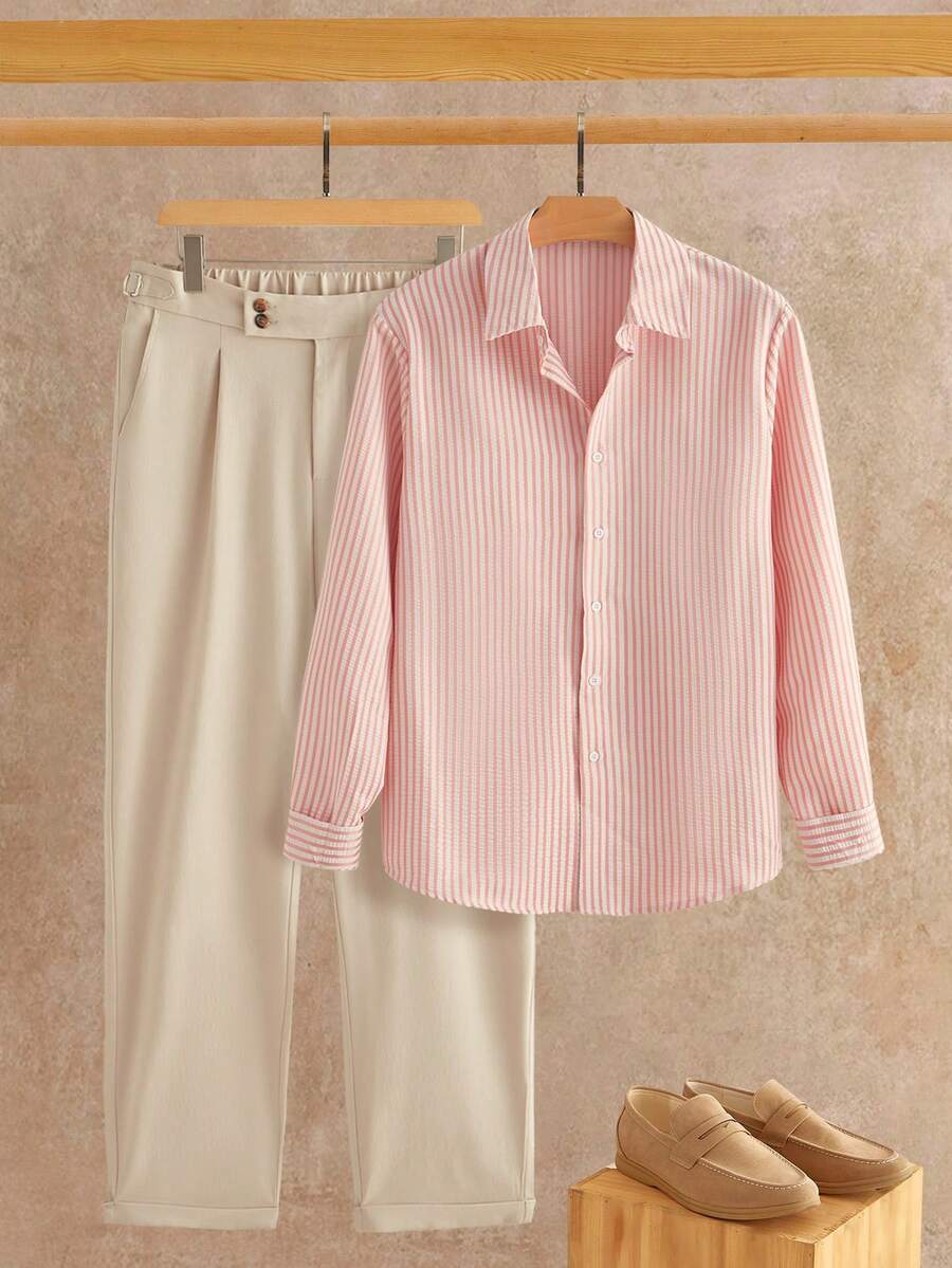 HIMLAND 男士格子领单排扣衬衫上衣和口袋休闲裤套装，日常休闲装 - 彩色 - 查看 1