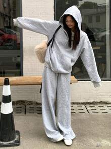 DAZY 女士休闲纯色纹理连帽衫和裤子两件套，秋冬家居服套装 - 灰色 - 查看 4