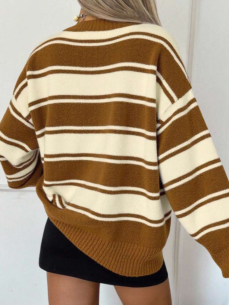 Women's Casual Colorblock Striped V-Neck Loose Sweater, Autumn/Winter