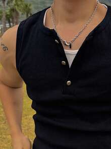 DAZY 男士黑色罗纹半开襟背心，夏季 - 黑色 - 查看 4