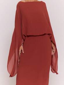 MUSERA 船领垂袖长款连衣裙，适合度假、夏季、慵懒波西米亚风、优雅假日、可爱度假、伊比沙岛音乐节、锐舞派对、婚礼宾客、优雅生日派对、毕业舞会等场合。 - 紅木色 - 查看 6