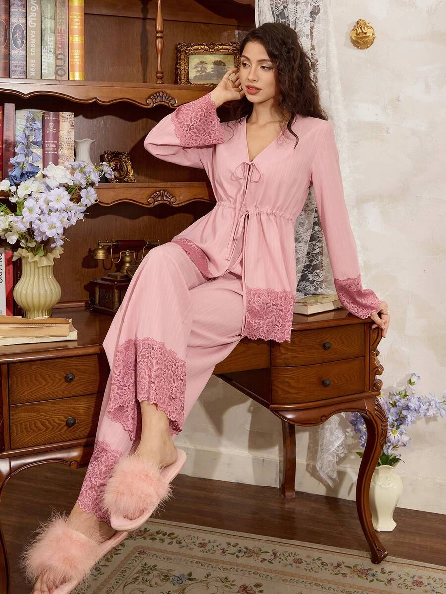 Côtesoire Bộ đồ ngủ dài tay phối màu hồng dệt kim cho nữ, cổ chữ V thanh lịch, viền ren. - Hồng - Xem 1