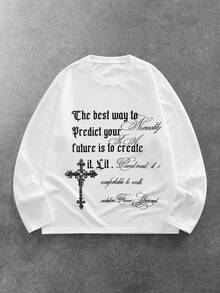 ROMWE MEN Street Life 男士休闲十字架标语印花长袖T恤，秋季款 - 白色 - 查看 1