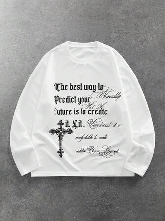 Street Life Herren Lässig Kreuz- & Slogan-Muster Langarm T-Shirt, Herbst