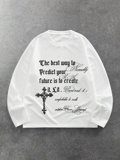 Street Life Camiseta de manga larga casual para hombre con estampado de cruz y eslogan, otoño
