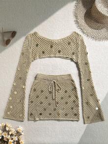 Soleia 加大码女式杏色亮片镂空针织罩衫套装 - 杏色 - 查看 1