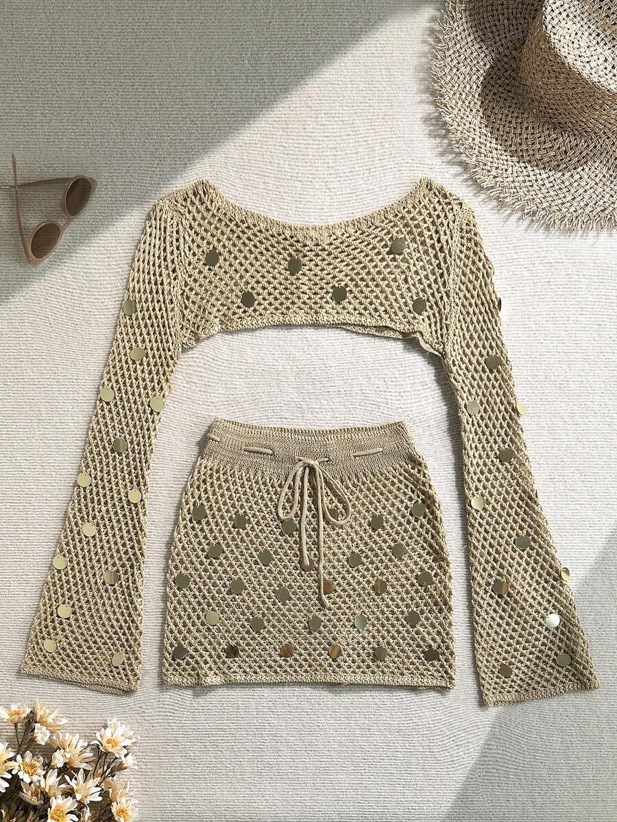 Soleia 加大码女式杏色亮片镂空针织罩衫套装 - 杏色 - 查看 1