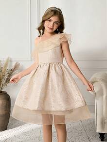 Tween Girls Elegant Jacquard Satin Asymmetric Ruffle Hem A-Line Mini Dress - Apricot - View 6