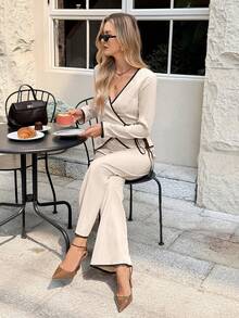 SHEIN Frenchy 2pcs Women's Elegant Black And Beige Contrast Trim Wrap Tie Front Long Sleeve Top And Wide Leg Pants Set,French-Style Office Autumn Commuting Suit - Apricot - View 5