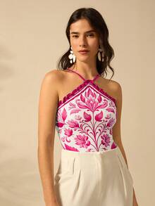 CAJUNI 女士度假海滩休闲夏季波西米亚风热带植物杜鹃花蓝色印花白色吊带紧身衣 - 玫紅色 - 查看 8