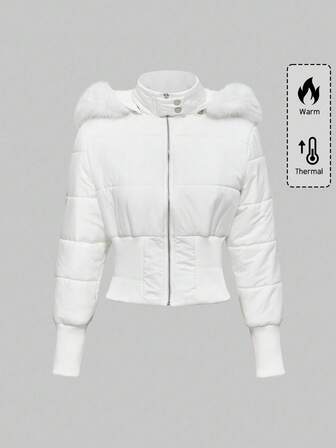 معطف قصير مبطن للنساء مزين بياقة فرو صناعي معدني بطراز Y2K وكوري