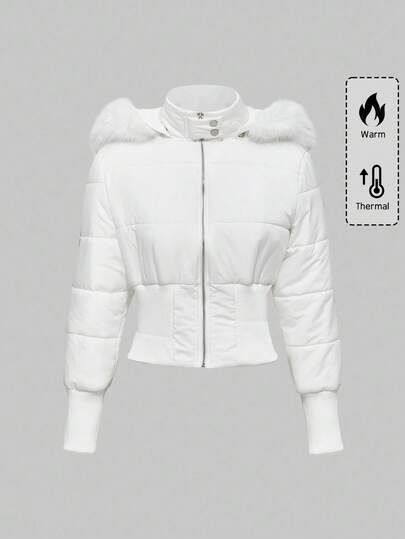 Y2K Kpop Metallic Vintage Faux Fur Collar Short Winter Padded Coat For Women