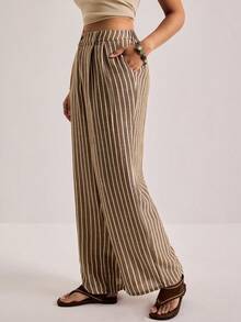 SHEIN VCAY Plus Size Casual Striped Loose Pants - Coffee Brown - View 8