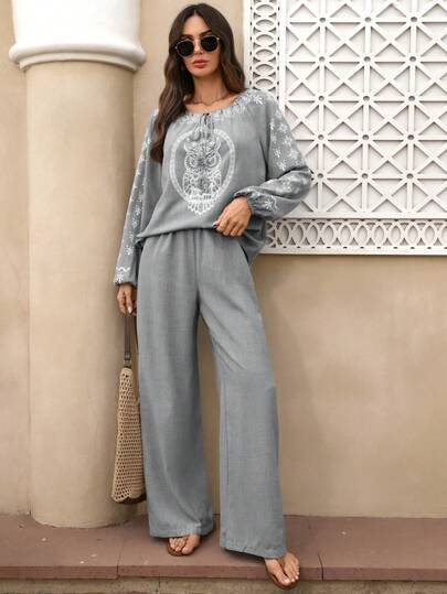 EMERY ROSE 女士休闲度假风猫头鹰植物印花扭领灯笼袖宽松上衣和阔腿裤两件套，春秋季