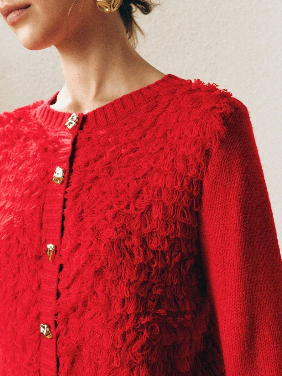 Arave Women's Acrylic Fabric Fitted Cardigan With Tassel Texture And Unique Metal Button Design, Elegant Date Cardigan    Winter    Jumper Red Sweater New Year - Red - View 1