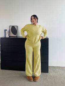 POPSWAY Soft & Flattering Versatile Casual Wide Leg Pants & Long Sleeve Knit Set - Light Yellow - View 5