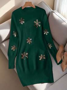 Franclia European & American New Blogger Same Style Christmas Vibe Heavy Embellished Gold Sequin Snowflake Pattern Fitted Long Sleeve Knit Sweater Dress - Green - View 5