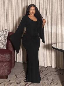 Slaydiva Autumn Elegant Black Formal Evening Plus Size Maxi Dress, V-Neck Cutout Tie-Up Shiny Knit Stretchy Gown For Wedding, Party & Birthday, Valentine - Black - View 5