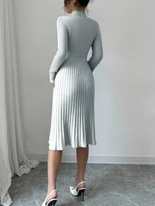 Rafferiza Solid Color Stand Collar Raglan Sleeve Knit Minimalist Flared Dress - Light Grey - View 2