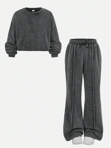 Coolane Kids 两件套少女街头风超大雪花印花运动套装，亲子装 - 灰色 - 查看 2