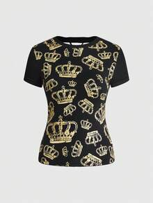 ROMWE J-Fashion Áo thun ôm sát in hình vương miện lá vàng dành cho nữ - màu đen - Xem 1