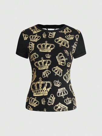 J-Fashion Damen T-Shirt mit goldfarbener Krone Aufdruck