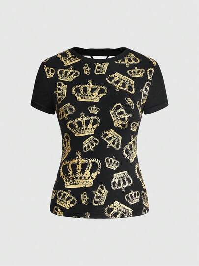 J-Fashion Damen T-Shirt mit goldfarbener Krone Aufdruck