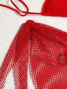 Swim Mod Women's Solid Color Sexy Swimsuit Set For Beach/Resort Red Bikini Set Swimwear 3 Pieces Set Red Swimsuits Red Bathing Suits - Red - View 5