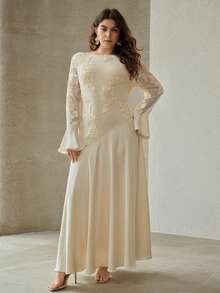 MOTF PREMIUM PLUS SIZE WOMEN'S SPRING/SUMMER EMBROIDERED FLORAL ELASTIC PATCHWORK DRESS - Apricot - View 5