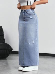 SHEIN Tall Falda vaquera larga casual desgastada y desgastada para mujer - Azul - Ver 5